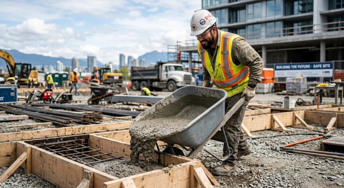 Construction tradespeople working on a Canadian building site